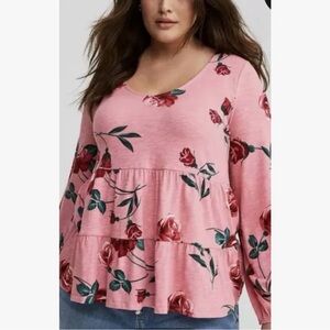 NWOT Torrid 00 (M/L) Tiered Long Sleeve Pink Floral Rose Blouse